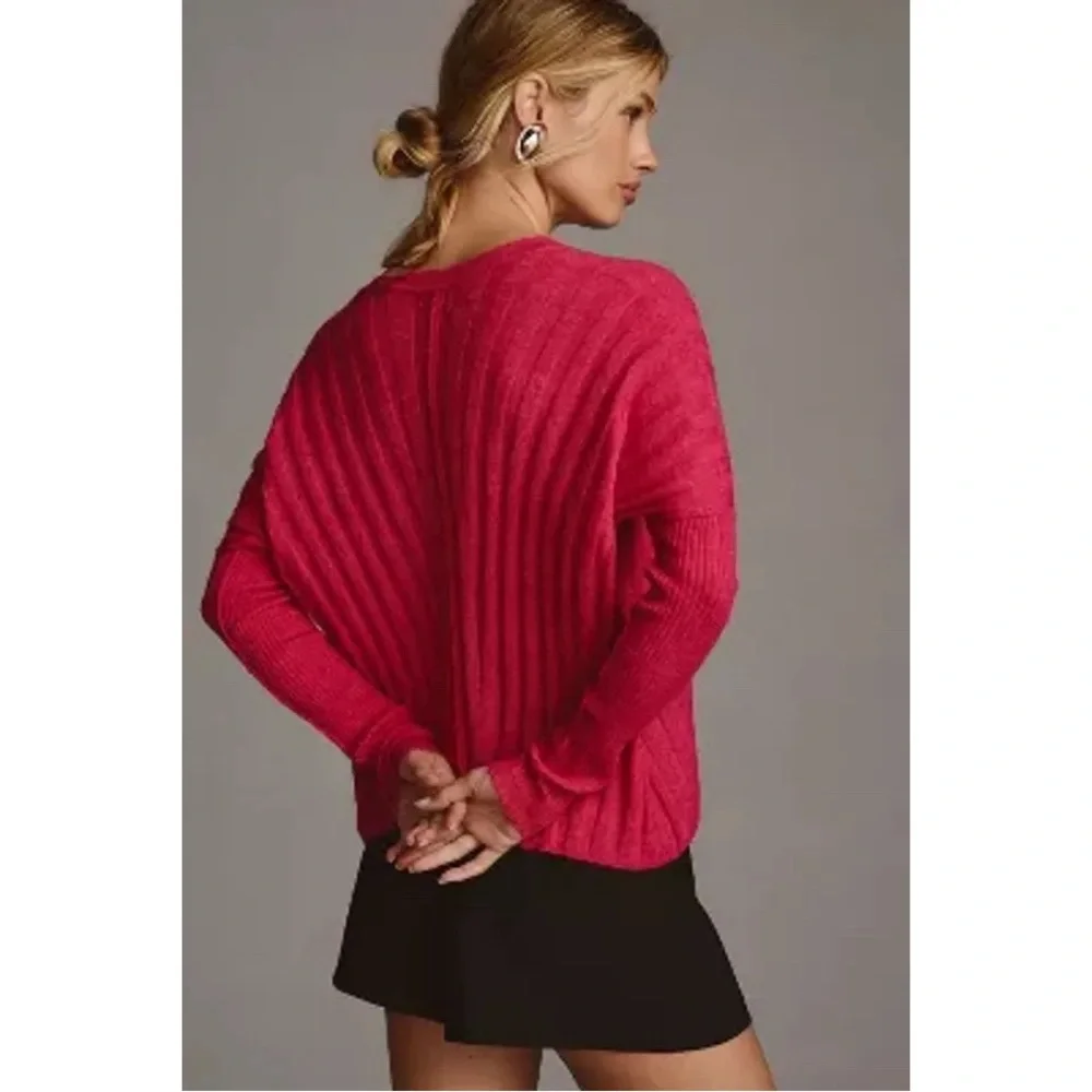 Anthropologie Pilcro V-Neck Boxy Rib Wool Blend Sweater‎ in Pink